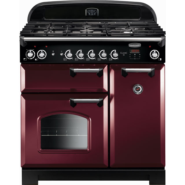 Image of Rangemaster Classic CLA90DFFCY/C 90cm Dual Fuel Range Cooker - Cranberry / Chrome - A/A Rated