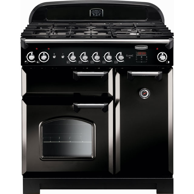 Image of Rangemaster Classic CLA90NGFBL/C 90cm Gas Range Cooker with Electric Fan Oven - Black / Chrome - A+/A Rated