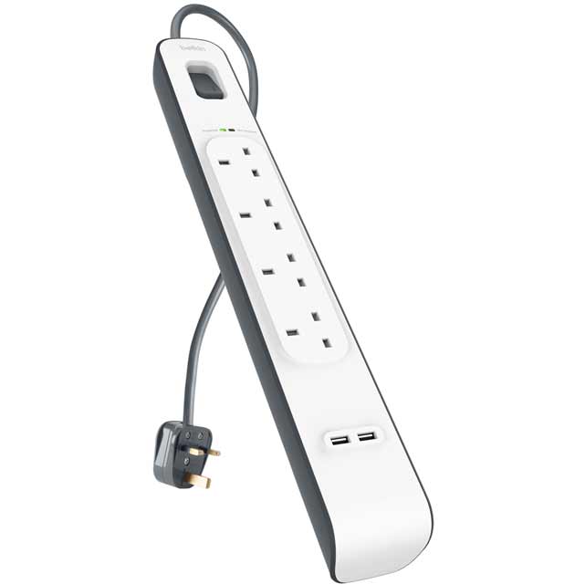 Image of Belkin Extension Lead with USB Slots x 2 (2.4 A Shared), 4 Way/4 Plug Extension, 2m Surge Protected Power Strip - White
